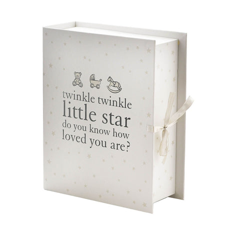 Little Star Keepsake Box in ivory with pale beige star print, teddy bear, pram and rocking horse icons, "twinkle twinkle little star" text and ivory ribbon tie, shown on a white background.
