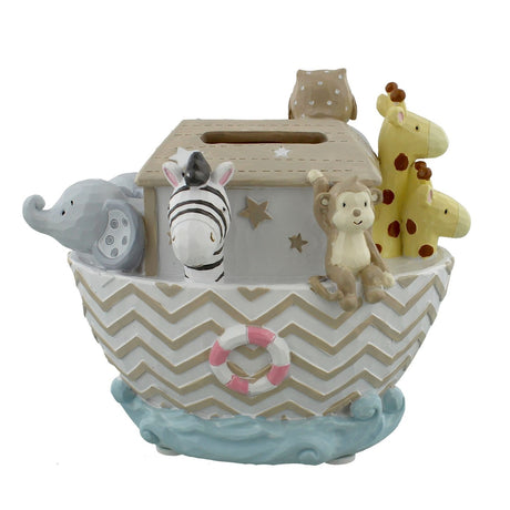 Hand painted resin money box shaped like Noah's Ark, with giraffes, an elephant, zebra, monkey and owl figures on a chevron-patterned hull, set against a plain white background.