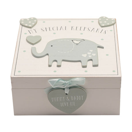White MDF keepsake box with raised blue-grey elephant, bird, and heart details on the lid reading My Special Keepsakes, plus a heart tag on the front saying Mummy & Daddy Love Me.
