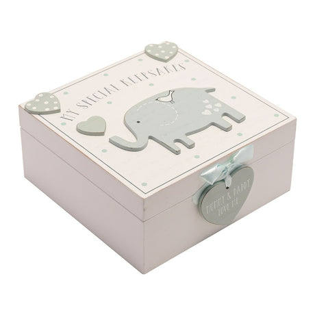 Square white MDF keepsake box with "My Special Keepsakes" text, a raised pale blue-grey elephant on the lid, polka-dot hearts, and a heart-shaped charm fastener, on a white background.