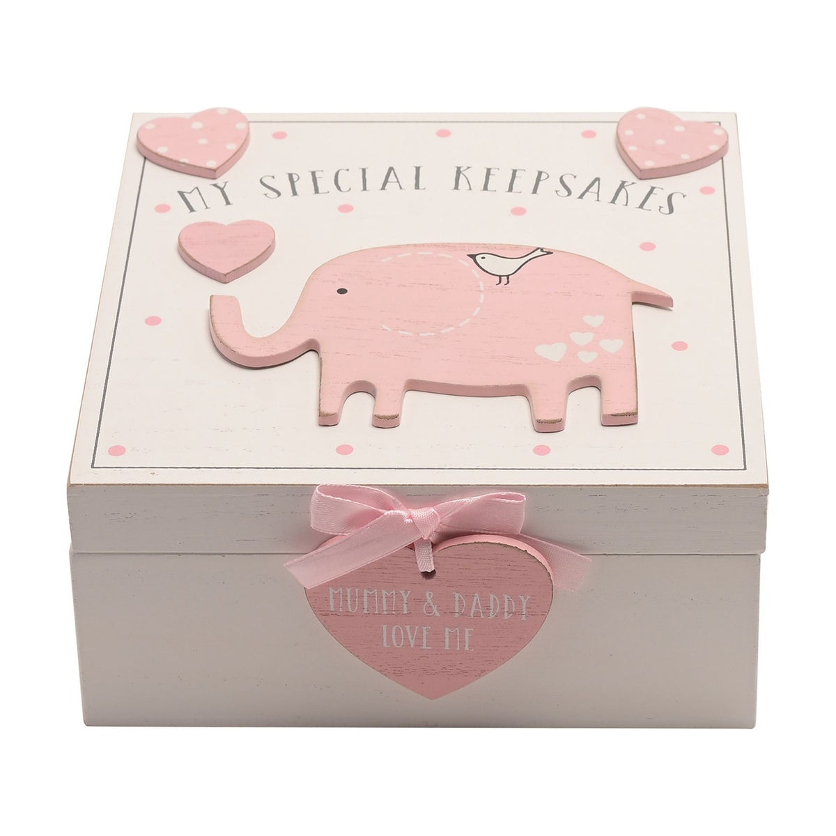 My Special Elephant MDF Keepsake Box 16cm x 16cm - White & Pink