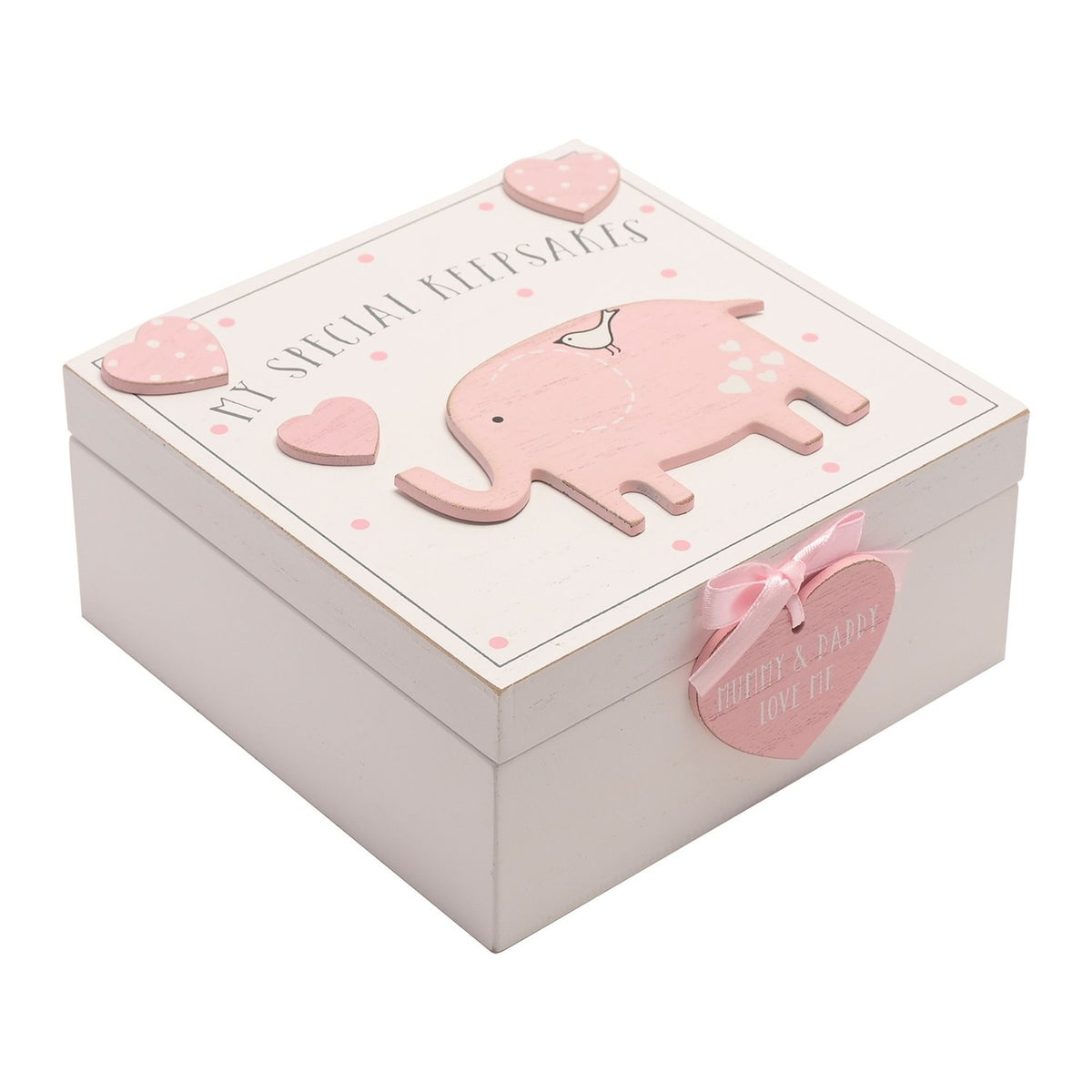 My Special Elephant MDF Keepsake Box 16cm x 16cm - White & Pink