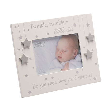 White MDF photo frame for a 5 x 3.5in photo, printed with "Twinkle, twinkle, little star" and "Do you know how loved you are?", with raised silver stars down both sides.