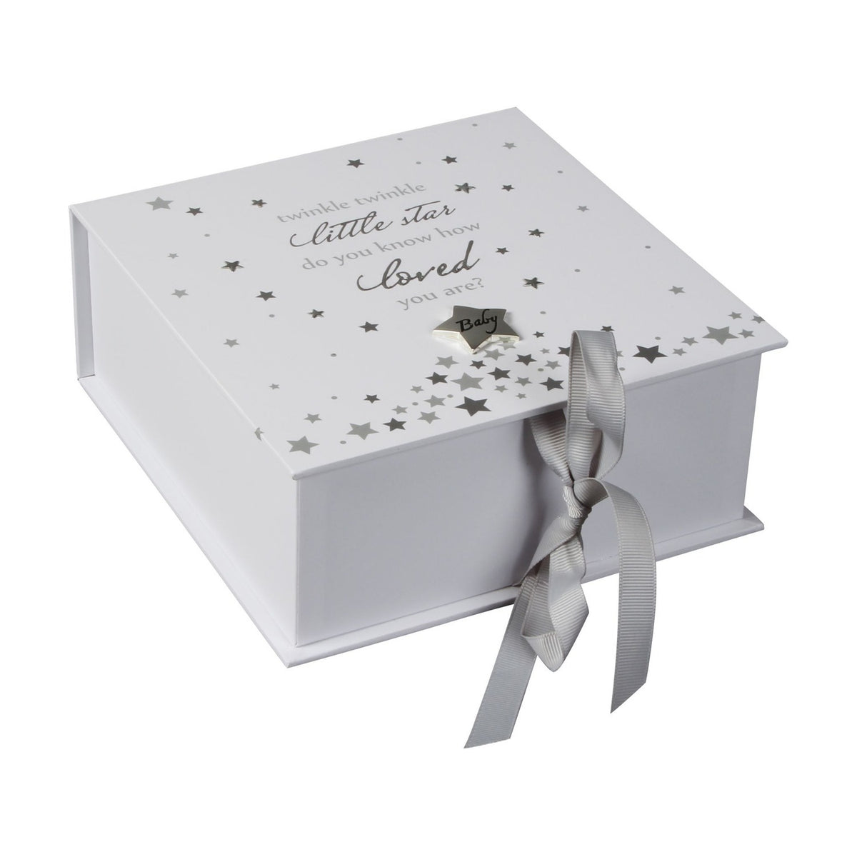 Baby Star Print Square Keepsake Box with Ribbon Tie - White