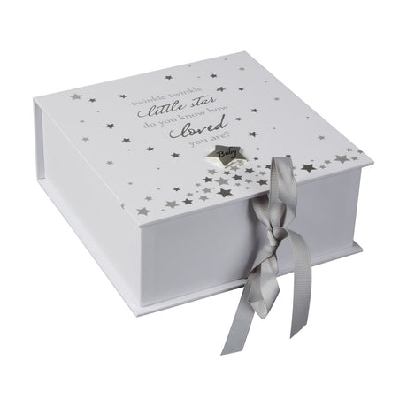 White square keepsake box with silver star print and "twinkle twinkle little star" text, raised "Baby" star charm, and grey ribbon tie, shown on a plain background.