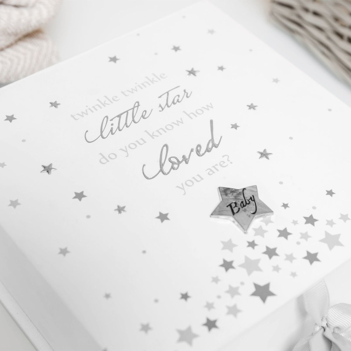 Baby Star Print Square Keepsake Box with Ribbon Tie - White