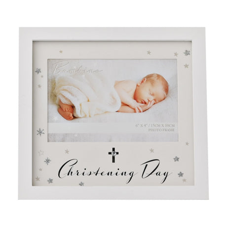 White MDF rectangular photo frame for 6x4in photo, cream star-scattered mount, cross with clear stone above "Christening Day" script, plain white background.