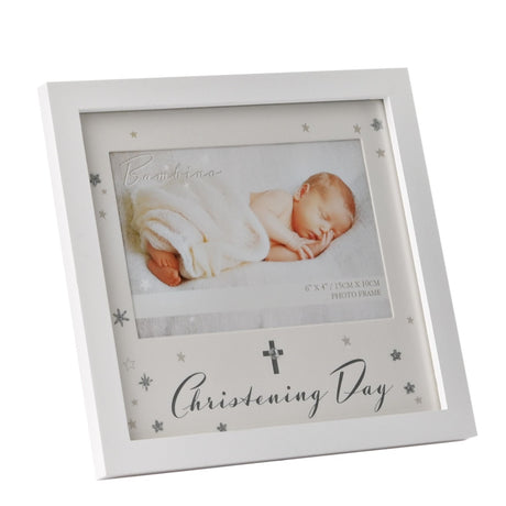 White MDF Christening Day photo frame with star-scattered cream mount, cross detail, and script text for a 6x4in photo, shown on a white background.