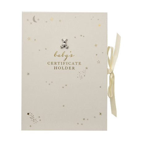Ivory A4 birth certificate holder with gold foil stars, moon and "baby's CERTIFICATE HOLDER" text, a silver teddy bear charm, and an ivory ribbon tie, shown on a plain white background.