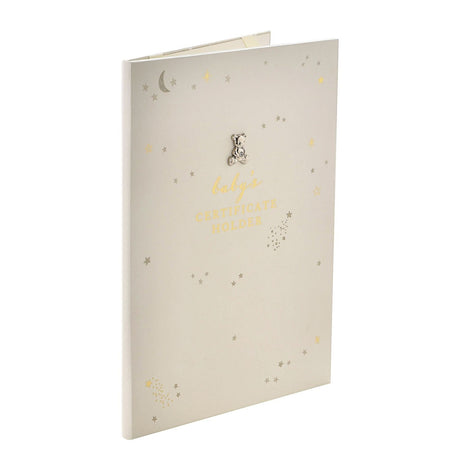 Little Star A4 Birth Certificate Holder in ivory, with gold foil stars, crescent moon and lettering, a silver-coloured teddy bear detail, shown upright on a white background.