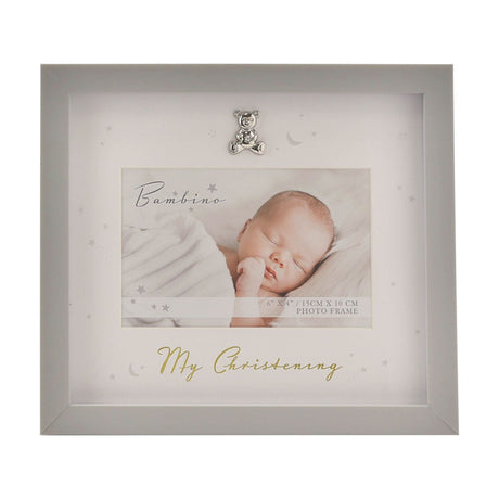 Grey MDF rectangular photo frame with "My Christening" in gold script, a silver teddy bear accent, star and moon details on the mount, holding a 6x4in baby photo.