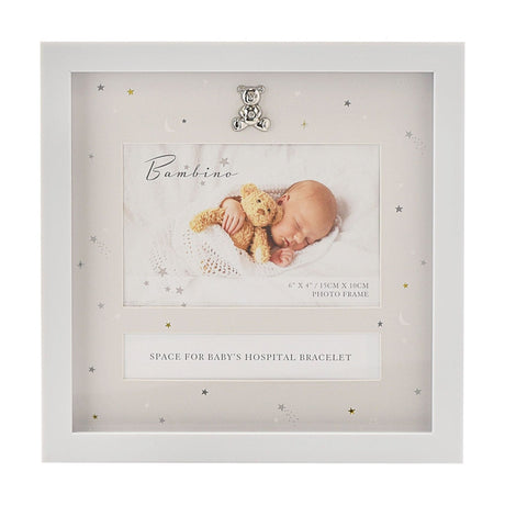 White MDF square keepsake box with silver teddy bear charm, holding a 6x4in baby photo and a labelled space for a hospital bracelet, star-and-moon mount.