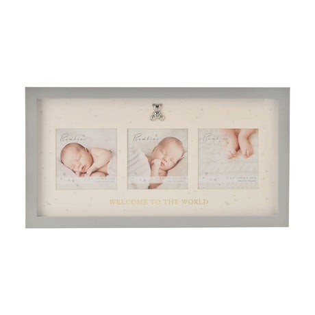 Grey and cream MDF photo frame with three 4 x 4in square openings, a silver teddy bear charm above the centre, and gold "Welcome To The World" text on the cream mount.