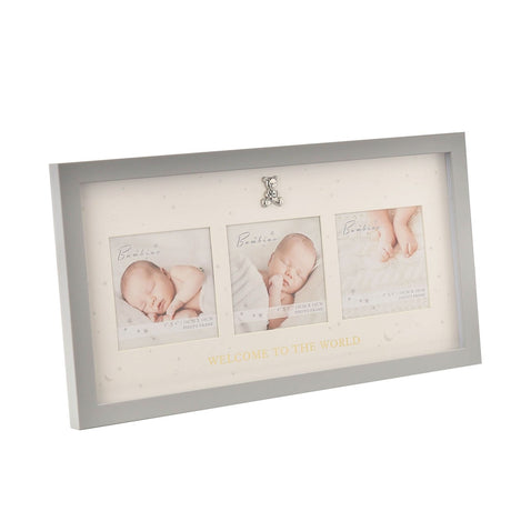 Grey and cream MDF photo frame with three 4 x 4in openings in a cream mount, a silver teddy bear accent, star and moon details, and gold "Welcome To The World" lettering.