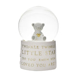 White resin water globe ornament featuring a teddy bear holding a gold heart, on a base with gold Twinkle Twinkle Little Star lettering, shown on a plain background.