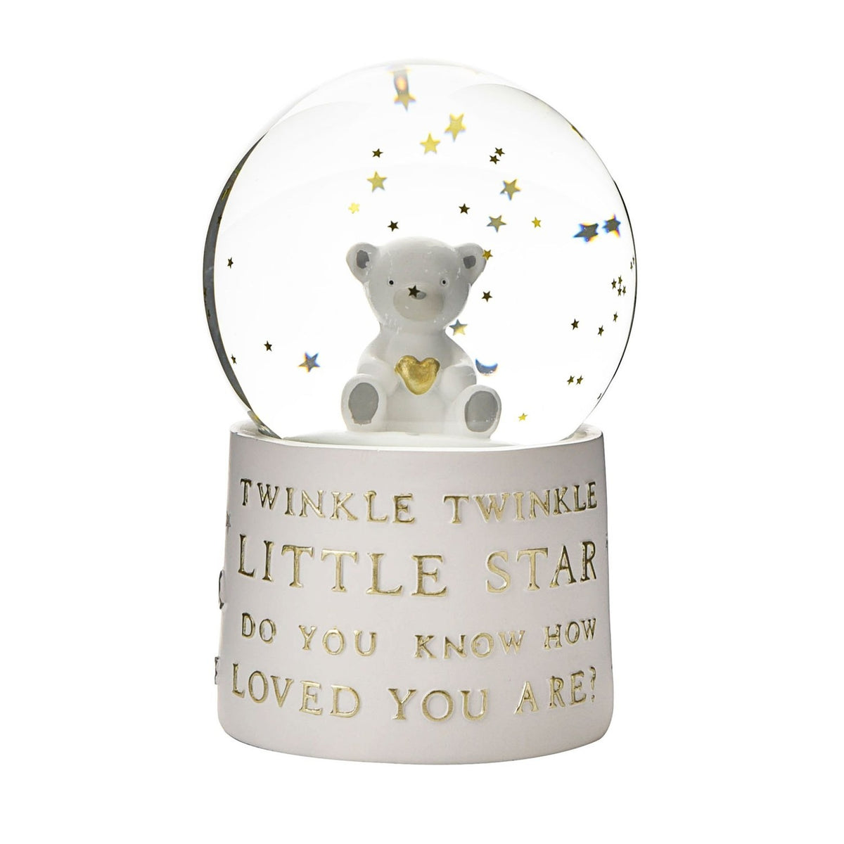 Teddy Bear Resin Water Globe Ornament with gold stars floating around a white teddy holding a gold heart, on a white base with gold "Twinkle Twinkle Little Star" text, plain background.