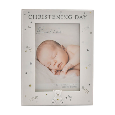 White resin Christening Day photo frame, 6x4in, with silver "Christening Day" text, star and moon details, and a teddy bear accent, shown on a plain white background.