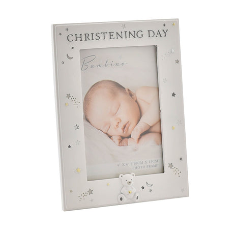 White resin photo frame reading "Christening Day" with silver stars and moons, a small teddy bear at the base, holding a 6 x 4in baby photo.