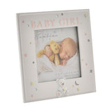 White resin square photo frame for a baby girl, with pink "Baby Girl" lettering, star and moon details, and a white teddy bear accent below the 4x4in opening.