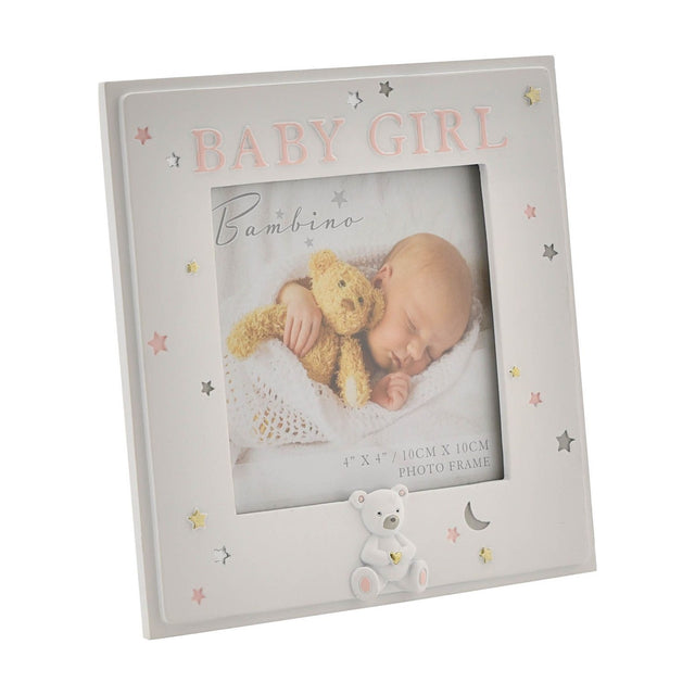White resin square photo frame for a baby girl, with pink "Baby Girl" lettering, star and moon details, and a white teddy bear accent below the 4x4in opening.