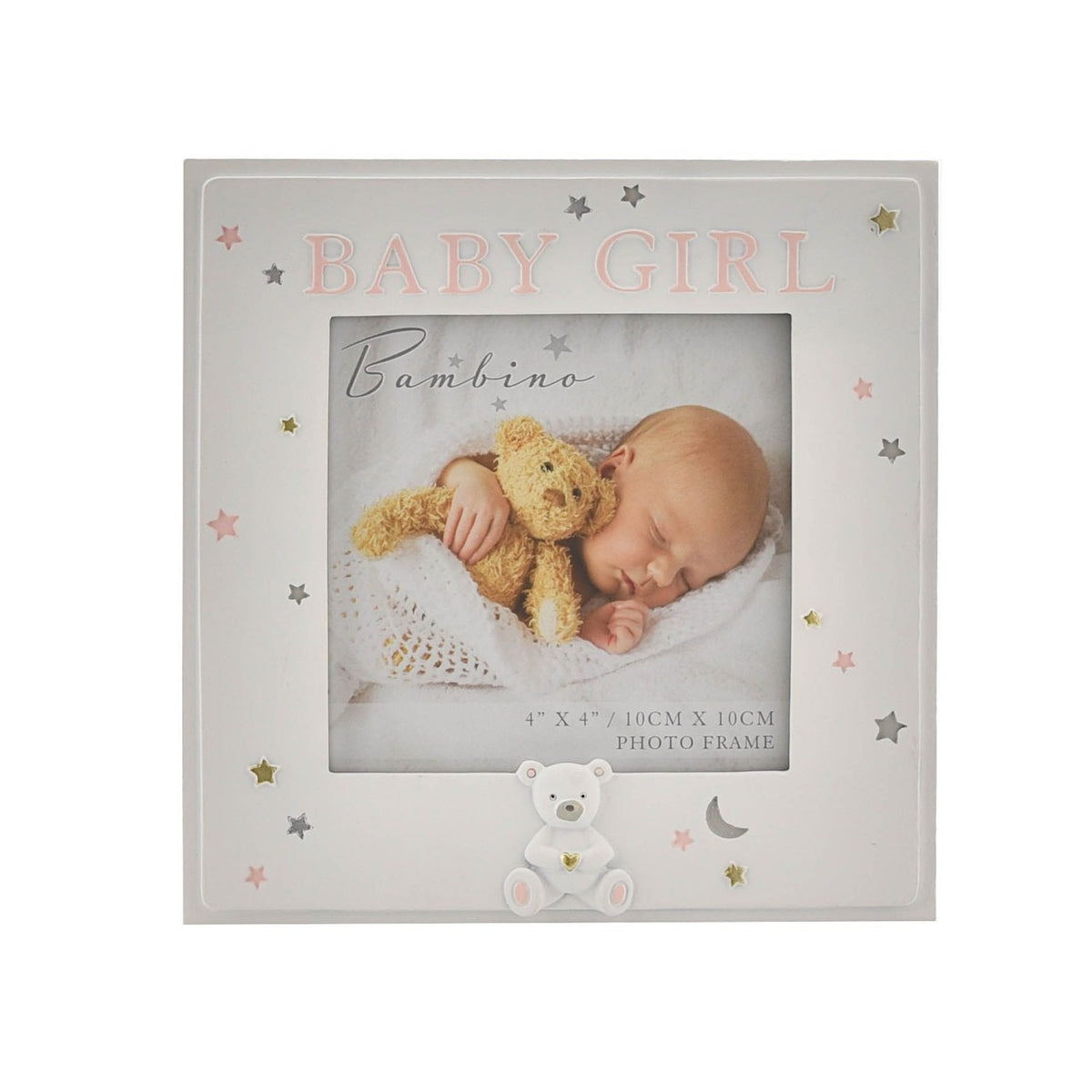 Square white resin photo frame with pink "Baby Girl" text, scattered star and moon accents, and a teddy bear with gold heart detail below a 4x4in opening.
