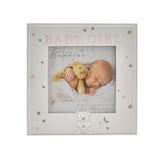 Square white resin photo frame with pink "Baby Girl" text, scattered star and moon accents, and a teddy bear with gold heart detail below a 4x4in opening.