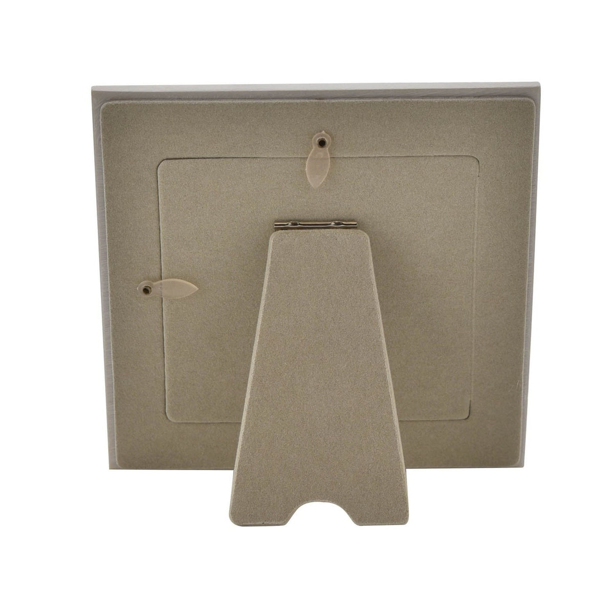 Back view of the Baby Girl Teddy Resin Photo Frame, showing a square easel stand, hanging hooks and a metal clip strut on a neutral resin backing against a white background.