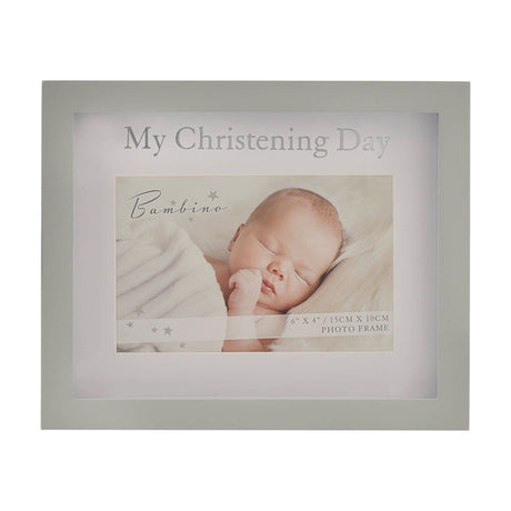 Grey MDF rectangular photo frame with "My Christening Day" in silver lettering on a white mount, holding a 6 x 4in landscape photo of a sleeping baby.