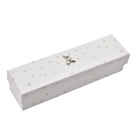 White rectangular paperwrap keepsake box with grey star print, silver teddy bear icon, and "My Birth Certificate" foiled lettering on the lid, shown on a plain background.