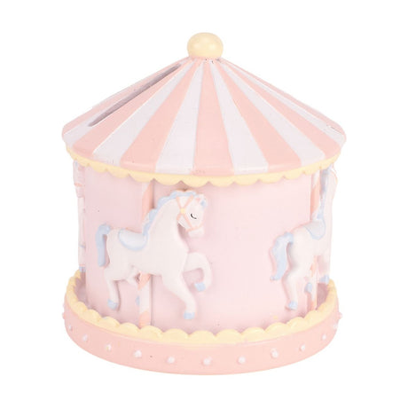 Carousel Horse Resin Money Box in pink, round shape with striped pointed canopy, cream knob and scalloped trim, white carousel horses around the body, on a white background.