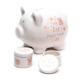 Baby Girl Piggy Ceramic Money Box with Tooth & Curl Set - White