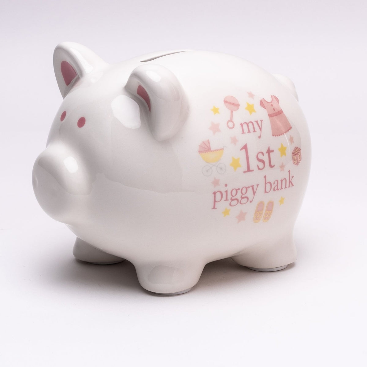 Baby Girl Piggy Ceramic Money Box with Tooth & Curl Set - White