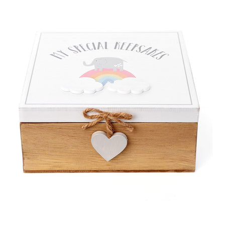 Square MDF keepsake box with white lid reading "My Special Keepsakes" above a grey elephant on a rainbow with clouds, wood-effect base, heart charm and twine bow.