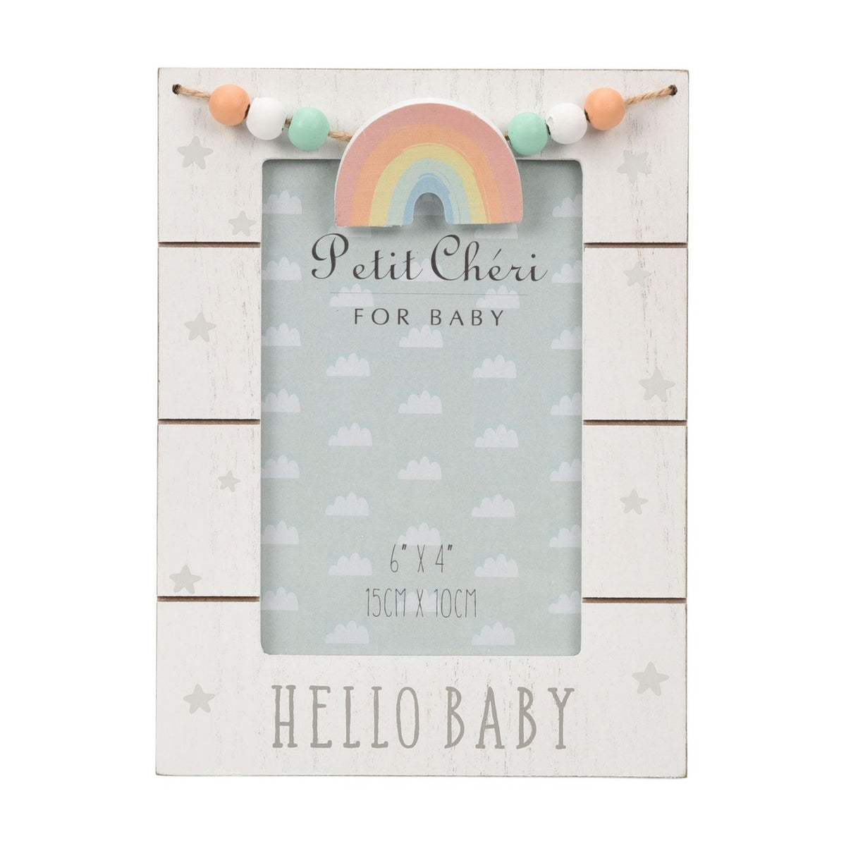 Hello Baby Rainbow and Bead MDF Photo Frame 6 x 4in - White