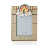 Brown MDF 6x4in photo frame topped with a sage, coral and yellow macrame rainbow, cream tassels and pastel wood beads, reading Our Little Boy.