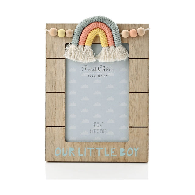 Brown MDF 6x4in photo frame topped with a sage, coral and yellow macrame rainbow, cream tassels and pastel wood beads, reading Our Little Boy.