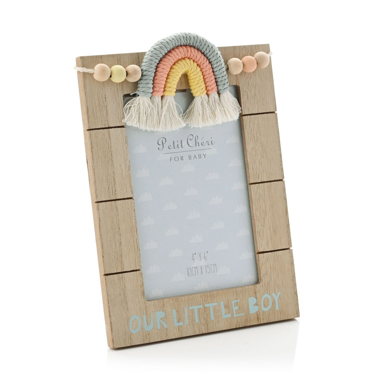 Brown MDF photo frame, 6 x 4in, with a macrame rainbow in sage, coral and yellow, cream tassels, pastel beads, and "Our Little Boy" printed below the opening, shown on a white background.