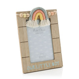 Brown MDF photo frame, 6 x 4in, with a macrame rainbow in sage, coral and yellow, cream tassels, pastel beads, and "Our Little Boy" printed below the opening, shown on a white background.