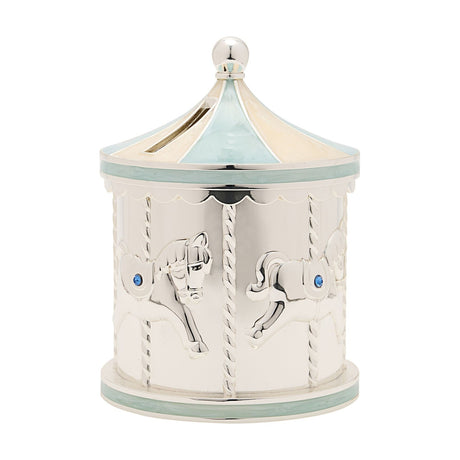 Silverplated carousel-shaped money box with raised horses, twisted poles, scalloped trim, and a pale blue canopy roof with silver finial, set on a plain white background.