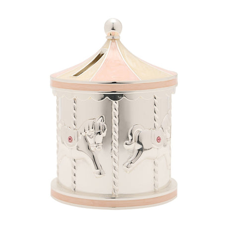 Silver and pink silverplated metal carousel horse money box with prancing horses, twisted poles, scalloped canopy trim, and a pink-and-cream panelled roof with round finial.
