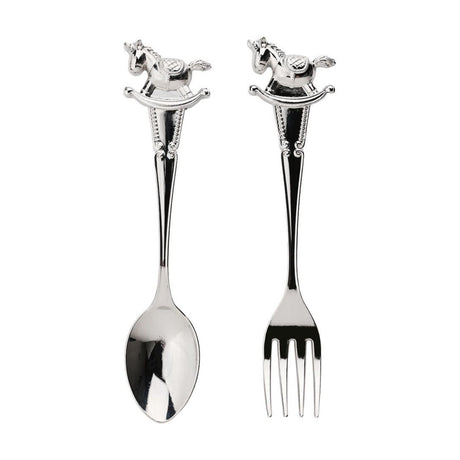Silverplated cutlery set featuring a spoon and fork with rocking horse handles, beaded edge detail, and slim polished stems on a white background.