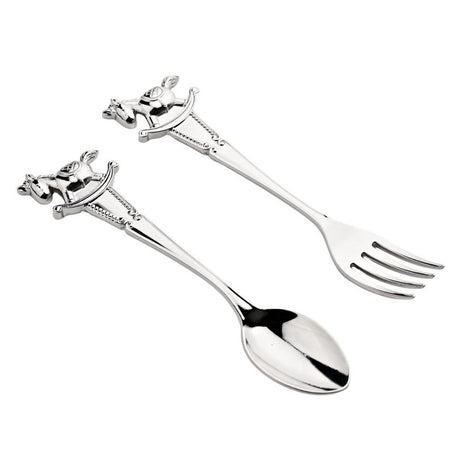Silverplated spoon and fork cutlery set with rocking horse handles on curved rockers, beaded edge detailing, oval bowl and four-tine fork, shown on a plain white background.