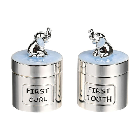 Pair of round silverplated keepsake boxes with pale blue lids, each topped with a small silver elephant, labelled "First Curl" and "First Tooth" on a white background.