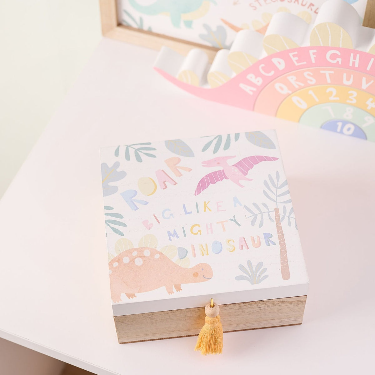Roar Dinosaur Square MDF Keepsake Box with Tassel - White