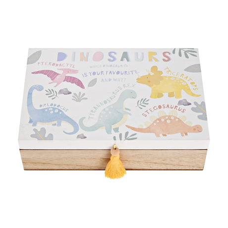 Wooden rectangular keepsake box with white lid featuring named dinosaurs—pterodactyl, triceratops, diplodocus, T-rex and stegosaurus—closed with a yellow tassel, on a white background.