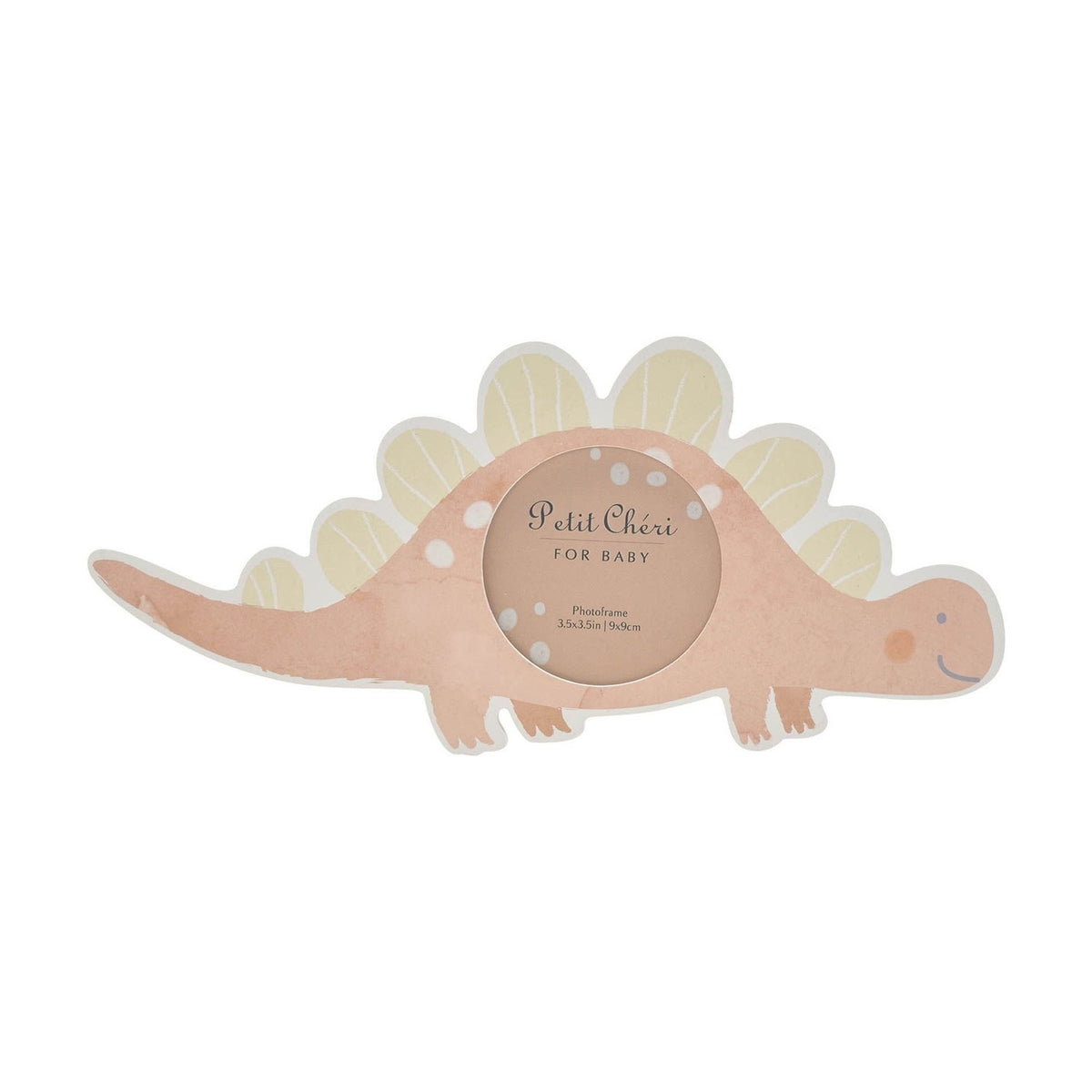 Stegosaurus-shaped MDF photo frame in soft pink with white spots and pale yellow back plates, featuring a round 3.5 x 3.5in photo window, shown on a plain white background.