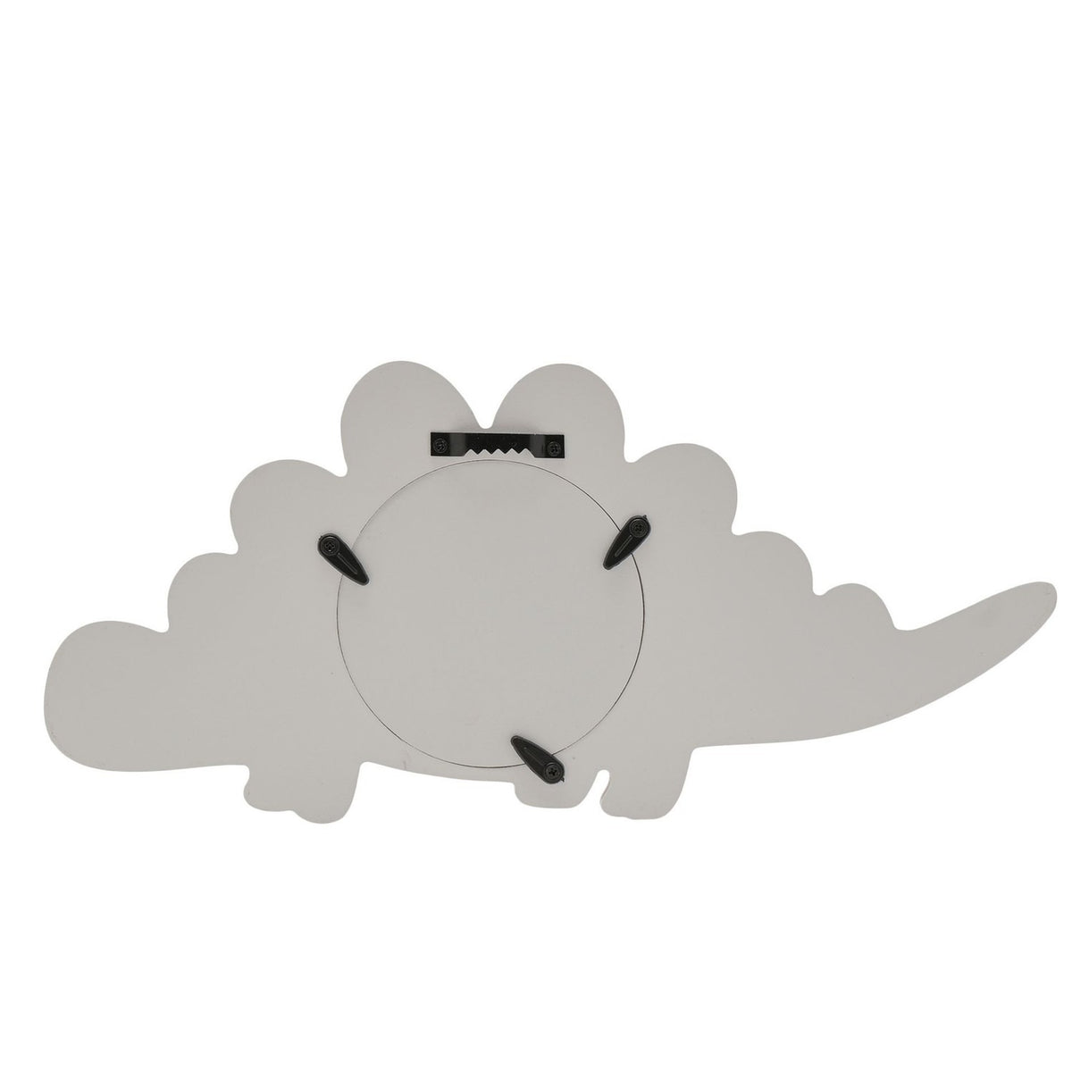 Rear view of the Stegosaurus Dinosaur MDF Photo Frame in grey, showing the circular photo opening, back support stand, and hanging clip on a plain white background.