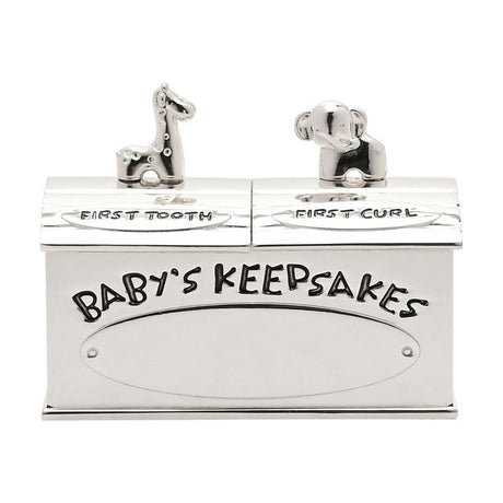 Silverplated rectangular keepsake box with First Tooth and First Curl lids topped by giraffe and elephant figures, Baby's Keepsakes lettering, and a blank oval plate on front.