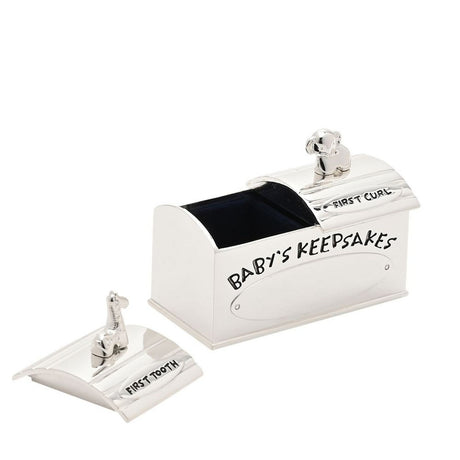 Silverplated rectangular keepsake box with "Baby's Keepsakes" lettering, giraffe-topped "First Tooth" lid and elephant-topped "First Curl" lid, shown open on a white background.