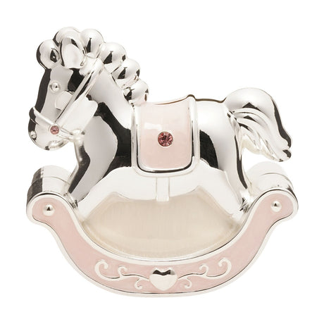 Silverplated metal rocking horse money box with curled mane, pink saddle cloth jewel detail, and pink rockers featuring silver scrollwork and a heart motif, shown on a white background.